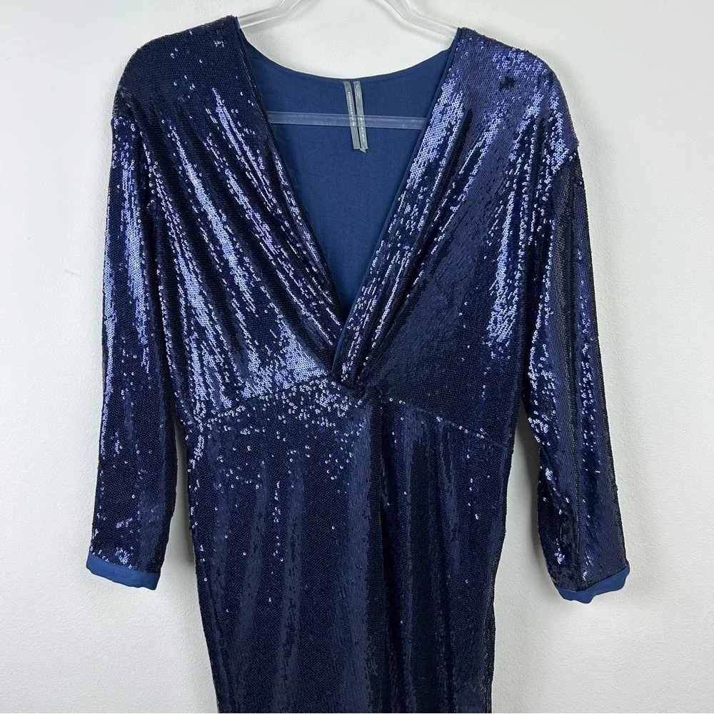 by Anthropologie Twist-Front Sequin Dress Navy Blue size: 8P - Picture 6 of 16